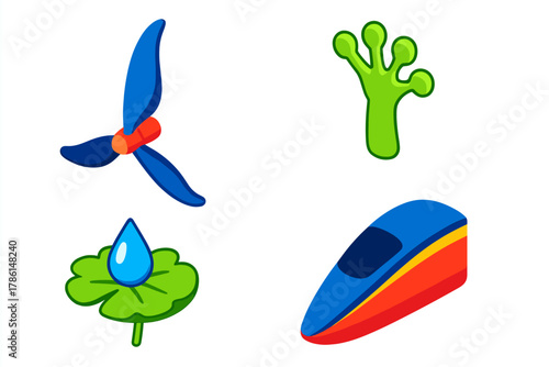 Biomimicry Innovation Icons. Isometric vector illustration set Biomimicry Innovations: Whale fin turbine blade, gecko-inspired