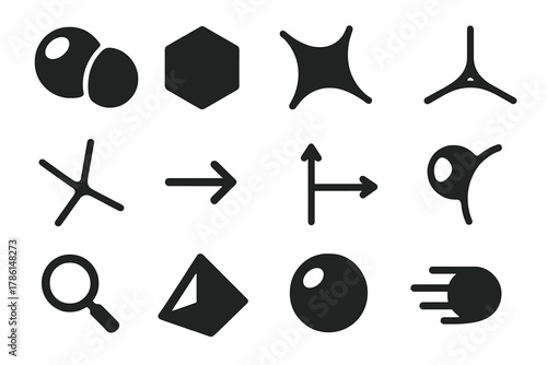 Bubble Geometry Icons. Solid style icons of Plateau’s laws and bubble geometry: intersecting bubbles, hexagonal cell, curved film,