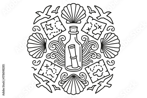 Bottle Mandala Art. Message in a bottle in the middle with shells, maps, waves, and seagulls forming a radial mandala, black and