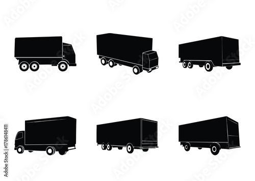 Six black silhouette illustrations of various cargo trucks viewed from different angles