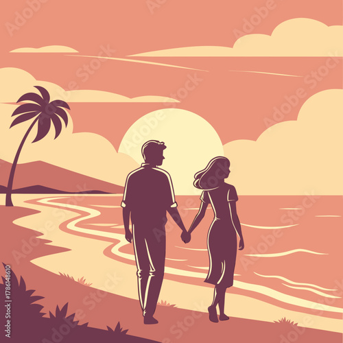 A couple walking hand in hand on a beach at sunset illustration