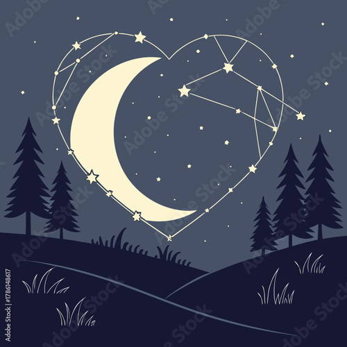 A dreamy night landscape with moon, stars, trees and a heart constellation