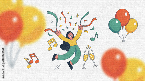 Black and White DJ Celebration: Man Mixing Music with Headphones and Balloons.