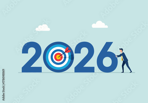 Flat vector concept of a businessman setting up the year 2026, where the '0' is a target with an arrow, symbolizing new year's business goals, strategic planning, and achievement