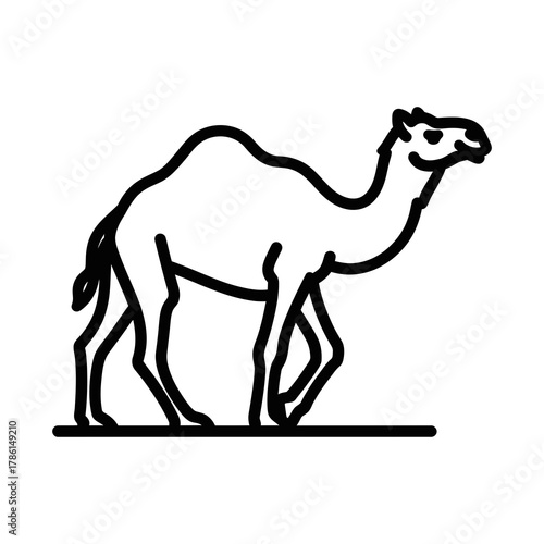 Simple black outline drawing of a dromedary camel walking on a flat surface