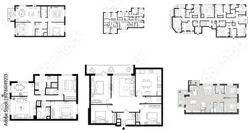 Assortment of six residential floor plans, some with furniture
