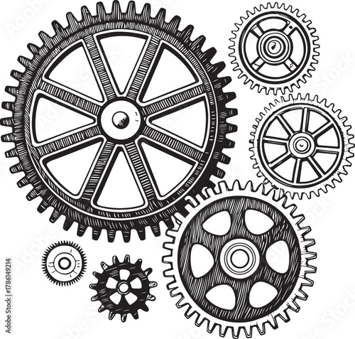 Hand Drawn Sketch of Interlocking Gears and Cogs on White Background Keywords: gears, cogs, machinery, mechanical, engineering, industry, vintage, retro, drawing, sketch, illustration, black and