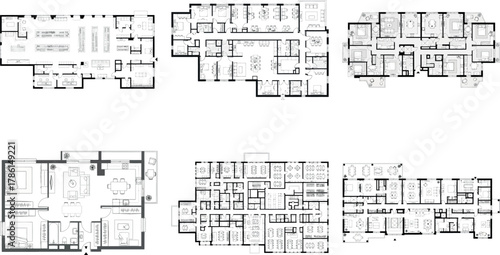 Collection of six architectural floor plans for residential buildings