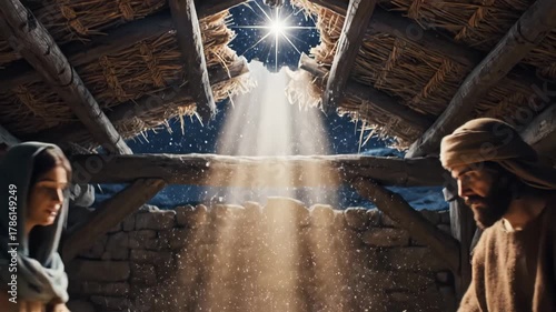 In a cozy stable, a couple gazes lovingly at their newborn child while soft light streams from above. The atmosphere is filled with joy and serenity on this magical night.