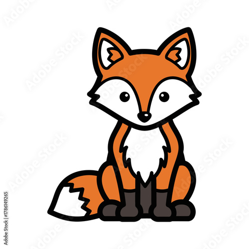 Cute cartoon fox sitting with fluffy white chest and bushy tail