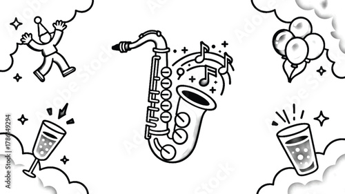 Black and White DJ Celebration: Man Mixing Music with Headphones and Balloons.