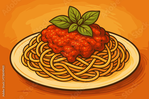 Spaghetti Delicacy. Delicious plate of spaghetti topped with rich marinara sauce and fresh basil, inviting warm tones, perfect for