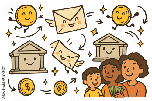 Happy Remittance Journey. Cheerful doodle remittance economy illustration with happy envelopes and coins traveling, cartoon banks