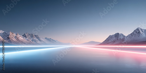 Ice surface and illuminated lines in outdoor space against the backdrop of snow-capped mountains