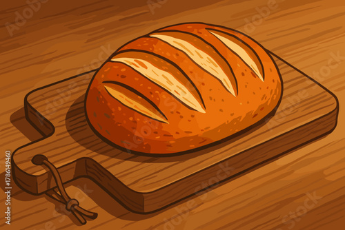 Sourdough Bread Artistry. Rustic wooden cutting board with a fresh vector illustration loaf of sourdough bread, soft warm lighting