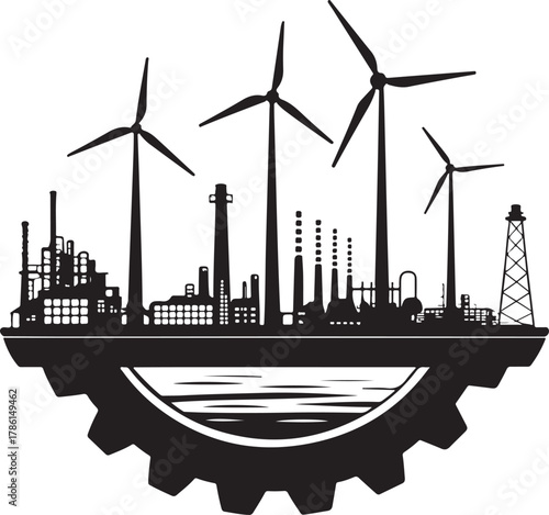 Industrial cityscape with wind turbines and oil rig integrated into a gear silhouette Keywords: industrial, cityscape, wind turbines, oil rig, gear, silhouette, factory, power generation, renewable