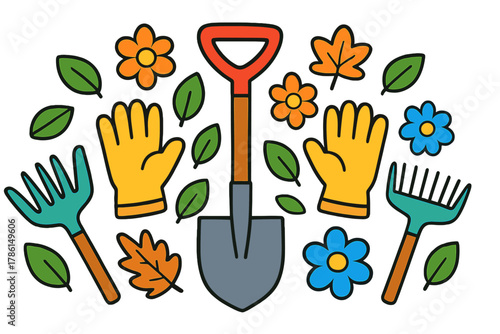 Garden Tools Symphony. Shovel in the middle with rakes, gloves, leaves, and flowers arranged in playful symmetry, bright colorful