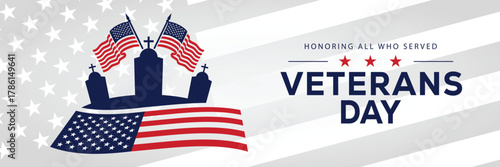 Veterans Day banner with a soldier silhouette saluting, flanked by American flags, set against a background of stars and stripes. Honors veterans and service members who served the USA.