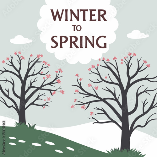 Illustration of winter to spring transition with trees and snow patches