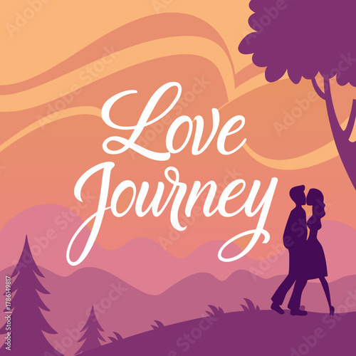 Silhouette of a couple kissing on a love journey with a tree and sunset