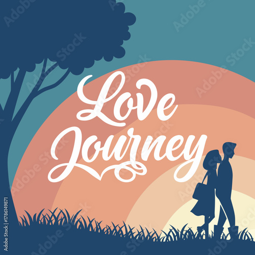 Silhouette of a couple walking on a love journey with a tree and sunset