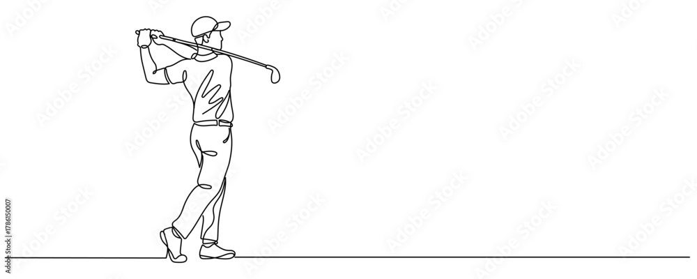 Naklejka premium continuous one line drawing of golfer. Golfer hitting ball.one line drawing of golf championship competition Editable stroke
