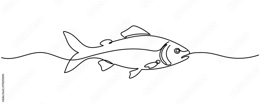 Fototapeta premium Fresh salmon fish in continuous line art drawing isolated on white background. Fresh food concept Editable stroke