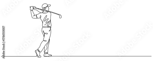 continuous one line drawing of golfer. Golfer hitting ball.one line drawing of golf championship competition Editable stroke