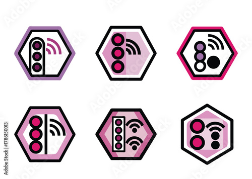 Set of Hexagonal IoT Device Communication Icons with Unique Signal Patterns