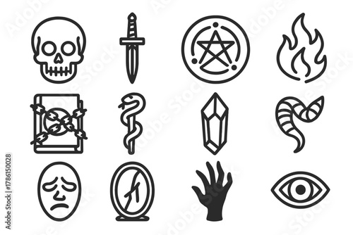 Dark Sorcery Icons. Line style icons of dark sorcery: skull, ritual dagger, spell circle, black flame; chained book, serpent staff