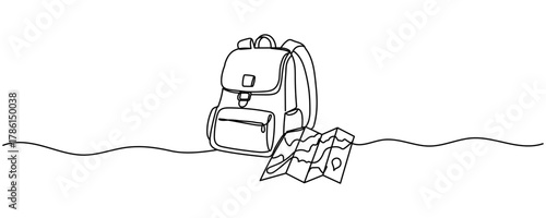 Continuous one line drawing a backpack and map travel concept. Enough supplies. Directions are there. Adventure. National Read a Road Map Day. Editable stroke