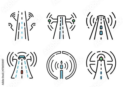 Six distinct conceptual icons illustrating connected and autonomous vehicle technology on roadways