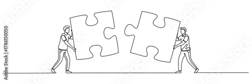 Continuous one line drawing of two businessmen puzzle jigsaw, successful business communication, compatibility of ideas in work concept, single line art. Editable stroke