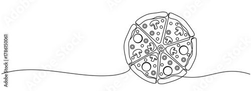 One line Drawing or illustration of slice of pizza with pepperoni and mushrooms, Continuous single line drawing of delicious sliced cheese pizza design outline vector illustration Editable stroke