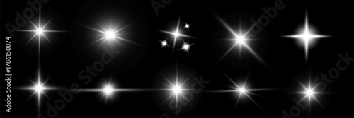 Glowing light bursts with sparkles. Glow light effect set, lens flare, explosion, glitter, line, sun flash, spark and star. Abstract image of lighting flare and white stars. Vector illustration