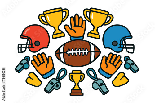 Football Enthusiast's Gear. American football in the middle with helmets, gloves, trophies, and whistles forming a bold radial