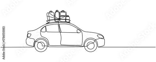 Single continuous line drawing car carrying a lot of luggage on the roof rack. Family car for long road trips. National Road Trip Day. One line design vector illustration Editable stroke