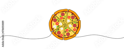 One line Drawing or illustration of slice of pizza with pepperoni and mushrooms, Continuous single line drawing of delicious sliced cheese pizza design outline vector illustration Editable stroke
