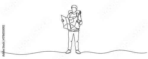 continuous line of adventurous man with map. One line drawing of tourist with map. Travel concept Editable stroke