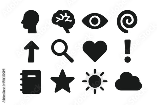 Awe-Inspiring Icons. Solid style icons of psychology of awe: human silhouette, brain, eye, spiral, arrow, magnifying glass, heart,