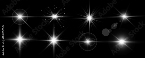 Glowing light bursts with sparkles. Glow light effect set, lens flare, explosion, glitter, line, sun flash, spark and star. Abstract image of lighting flare and white stars. Vector illustration