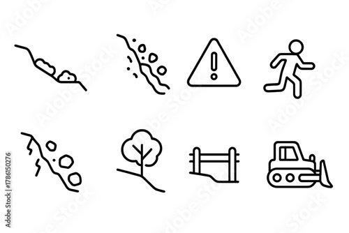 Landslide Icons Collection. Line style icons of Landslide: Slumping Ground, Debris Flow, Warning Sign, Evacuation, Rockfall, Tree,
