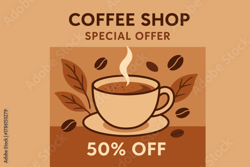Cozy Coffee Promotion. Vector flat social media post for coffee shop promotion, illustrated cup, beans, and leaves, warm brown