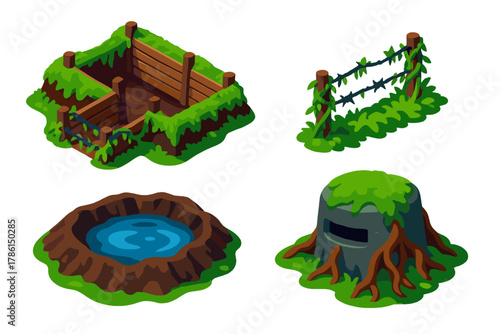 Overgrown Battlefields. Isometric vector illustration set Overgrown War Zones: Trenches with moss, barbed wire hidden in vines,