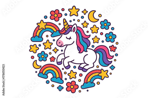 Unicorn Mandala Magic. Unicorn in the center with rainbows, stars, moons, and flowers arranged in a magical circular mandala