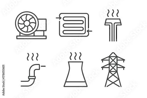 Geothermal Energy Icons. Line style icons of Geothermal Power Plants: turbine generator, heat exchanger, geothermal well, steam