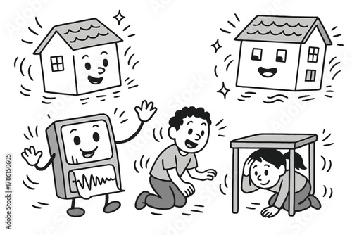 Cheerful Quake Preparedness. Playful doodle earthquake preparedness illustration with smiling houses, cartoon seismometers waving,