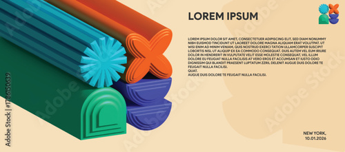 Orange Blue Green 3D Tube Abstract Poster — Geometric Minimal Vector Layout with Modern Typography and Colorful Artistic Composition