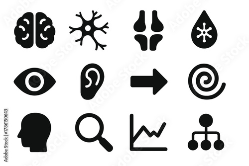 Cognitive Icons Collection. Solid style icons of cognitive and neurological analysis: brain, neuron, synapse, chemical droplet,