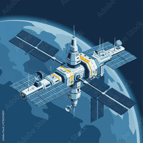 An illustration captures a space station orbiting Earth, showcasing advanced technology and scientific exploration in the vastness of space.